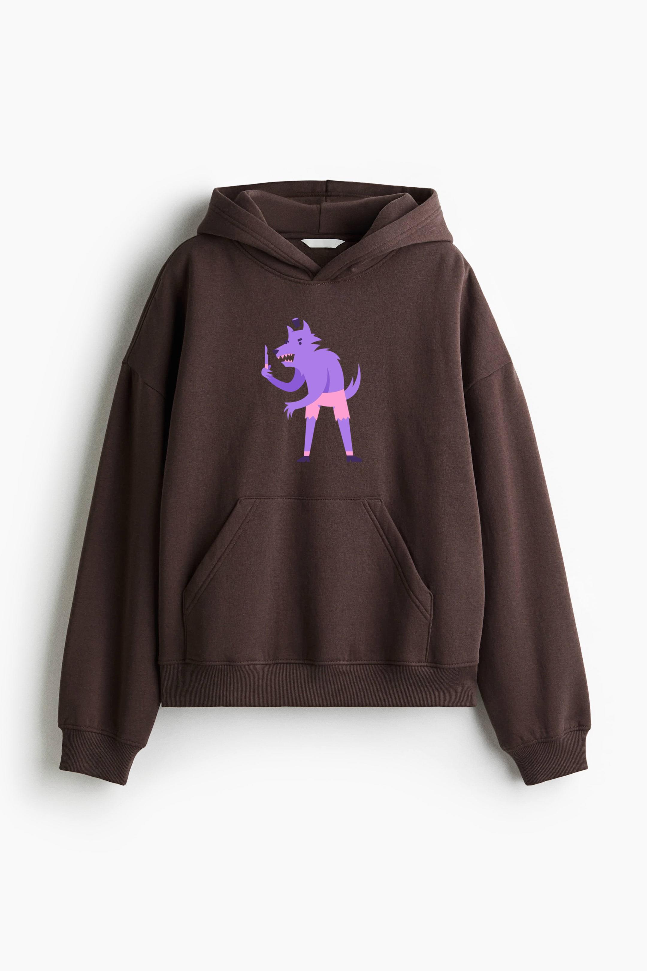 Angry Werewolf Cartoon Loose-Fit Printed Hoodie