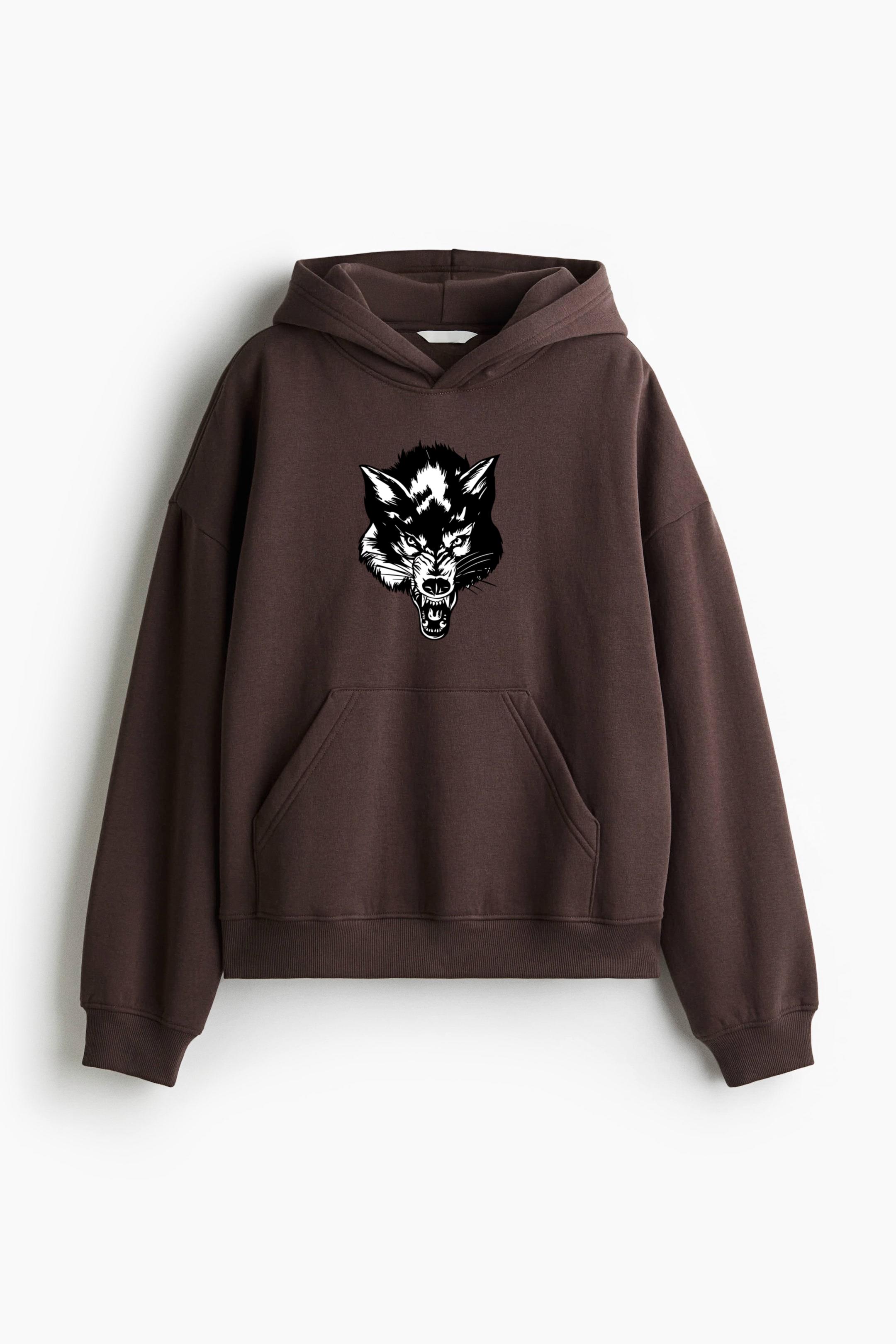 Angry Wolf Head Loose-Fit Printed Hoodie