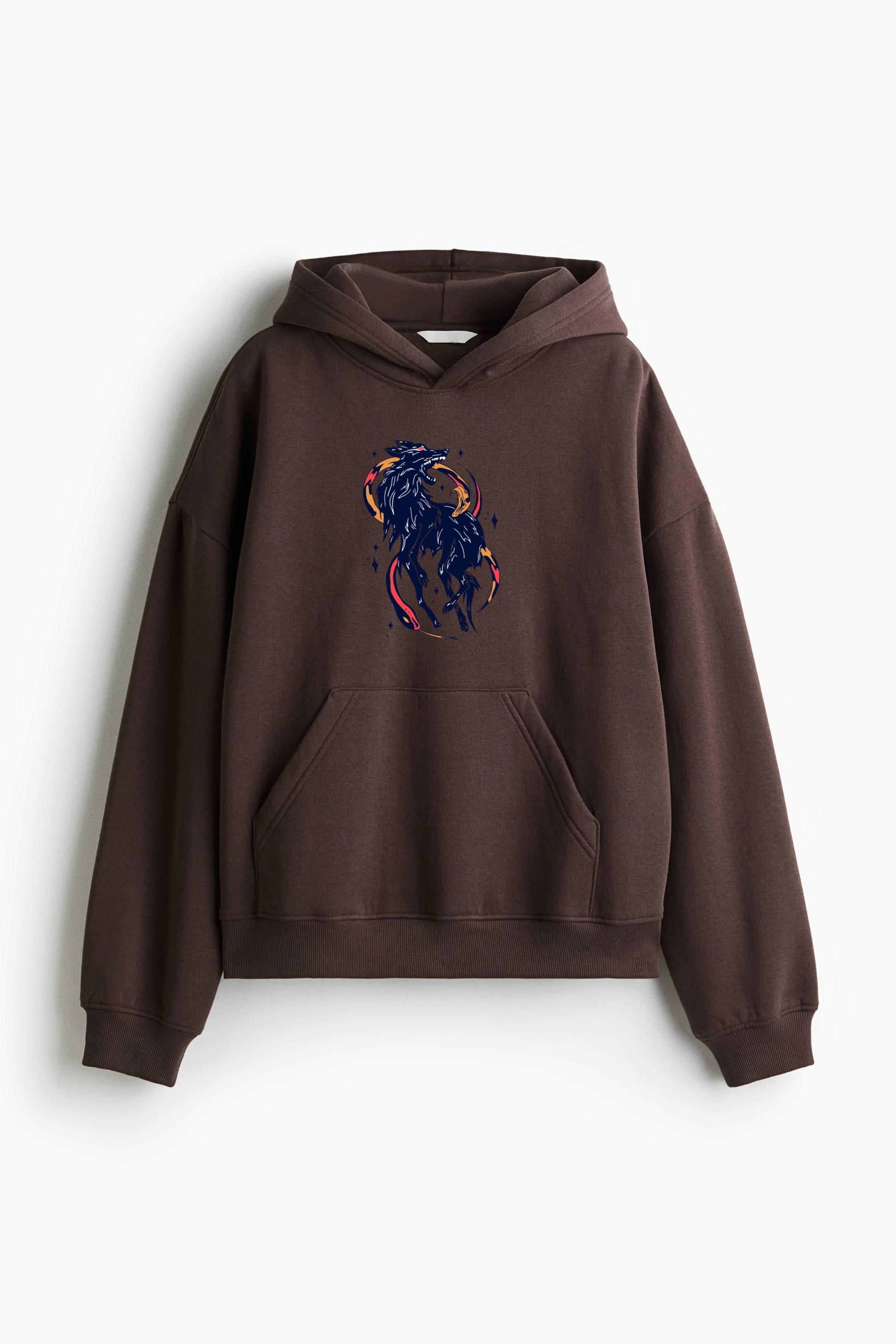 Black And Blue Wolf With A Red And Orange Tail Loose-Fit Printed Hoodie