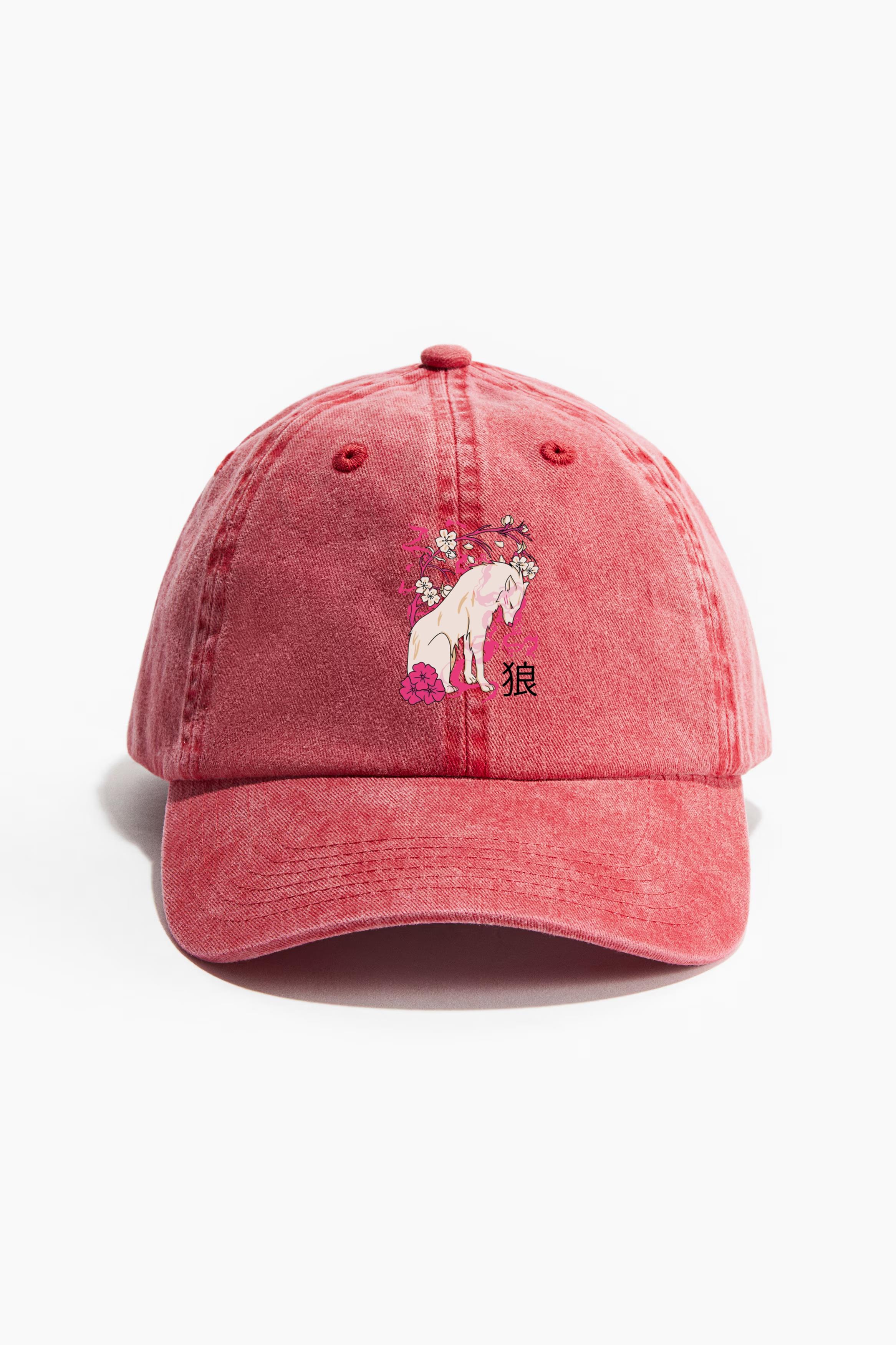 White Wolf With Pink Flowers Baseball Cap